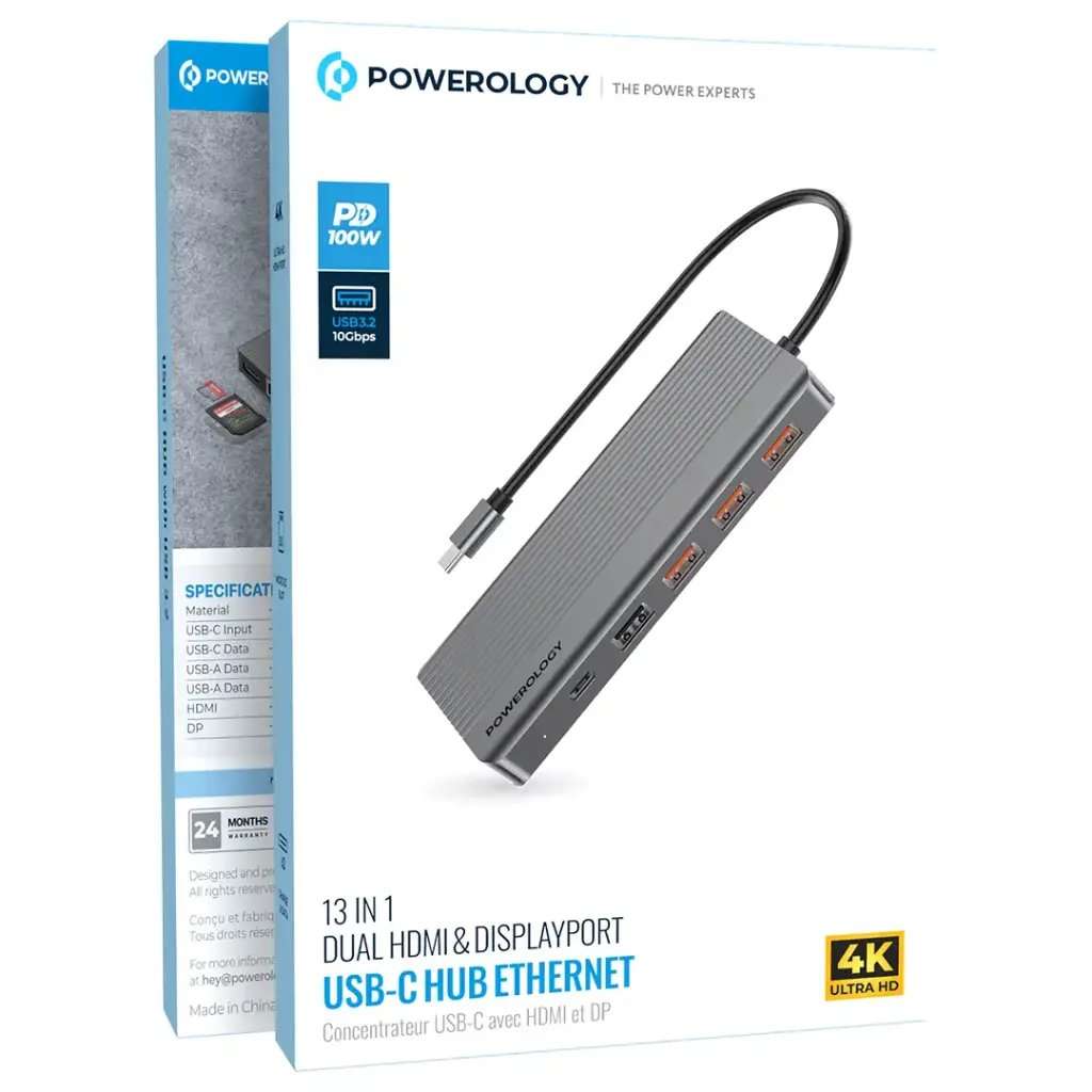 Powerology 13in1 USB-C Hub 4K HDMI Type-C 100W PD Ethernet USB SD MicroSD 3.5AUX - Linkphones Center